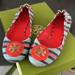 Tory Burch Multicolor Striped Flats with Red Logo
